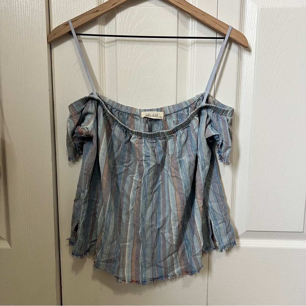 Bella Dahl Blue and Tan Striped Off-Shoulder Blouse